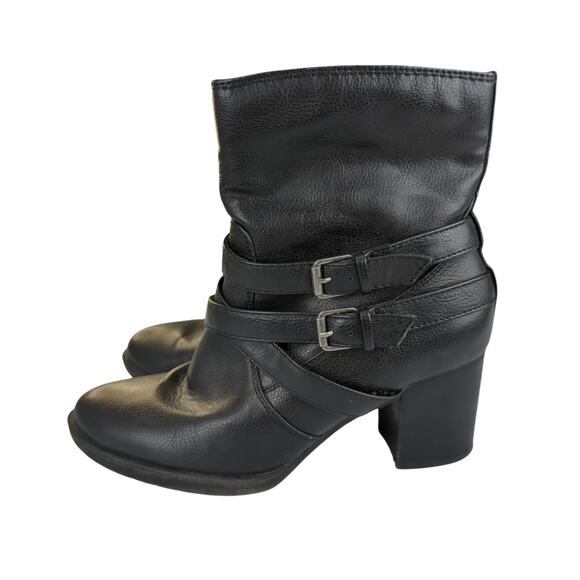Bass Gilly Black Faux Leather Ankle Booties Double Buckle Block Heel Women's 8.5 - Picture 2 of 8